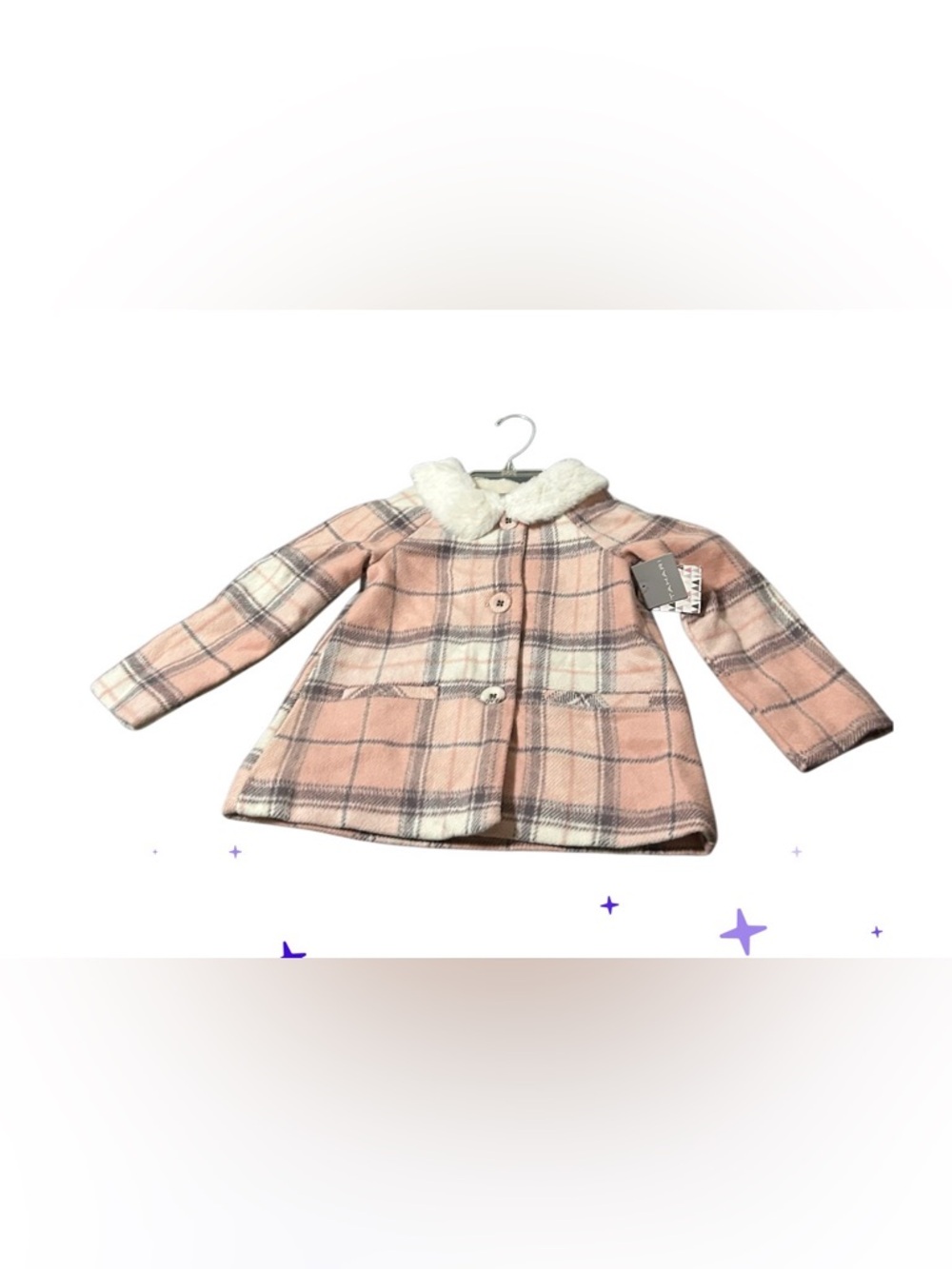 Tahari Girls' Pink Plaid Pea Coat with Cream Faux-Fur Collar